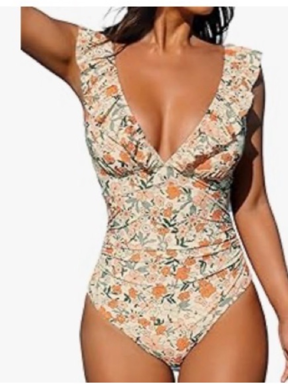 Cupshe Floral Ruffle V-Neck One-Piece Swimsuit in Cream and Orange Size Medium